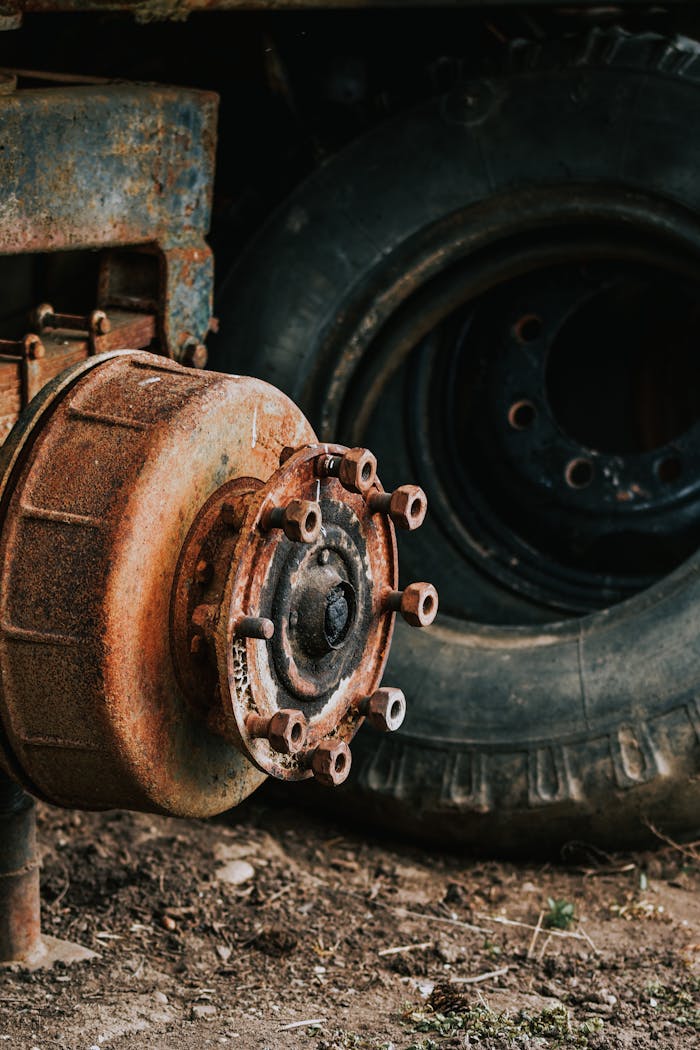 our-story-01 Close-up of a rusty car brake disc and an old tire, depicting decay and abandonment.